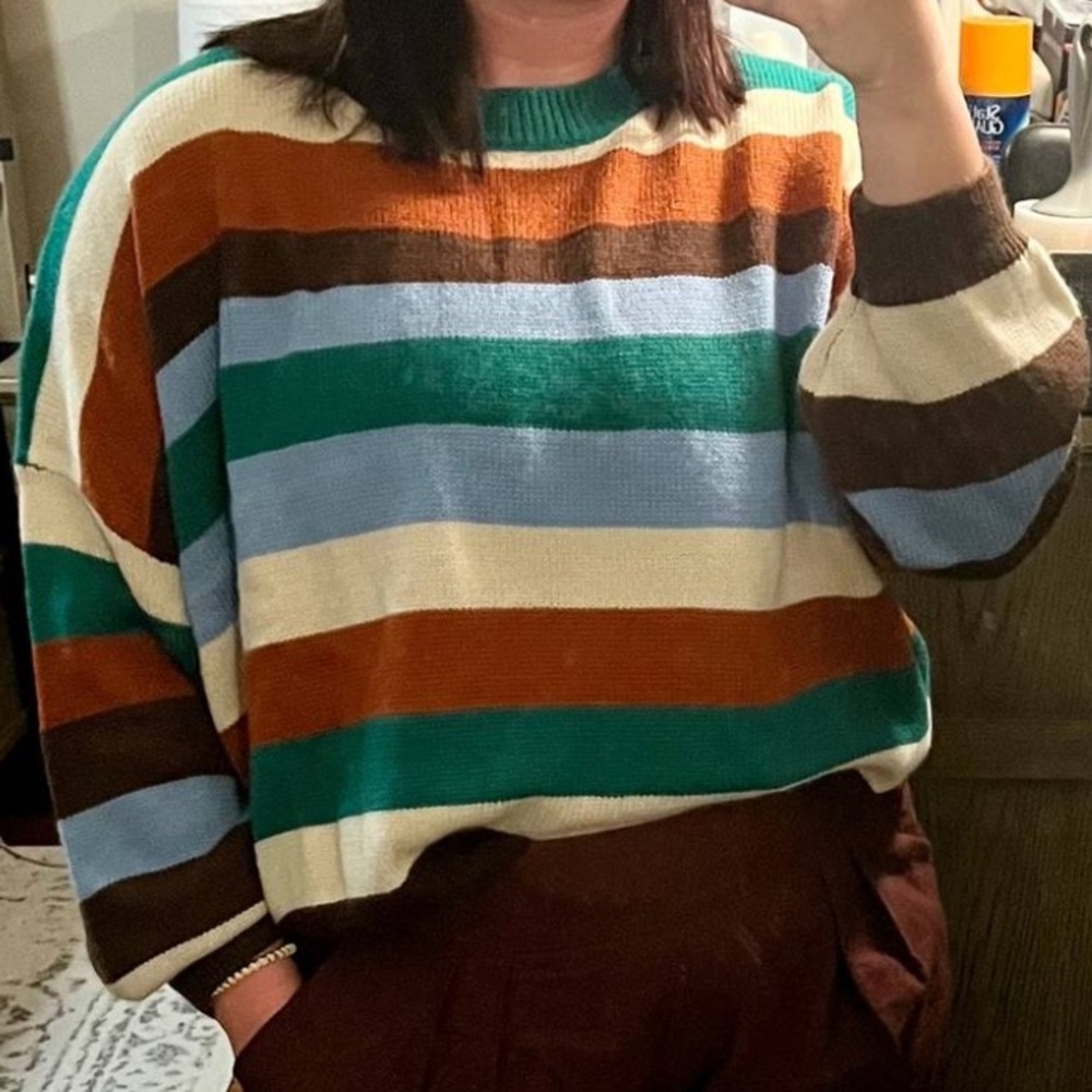 Dress Up Cozy Co Retro Striped Crew Neck Sweater in Teal and Brown